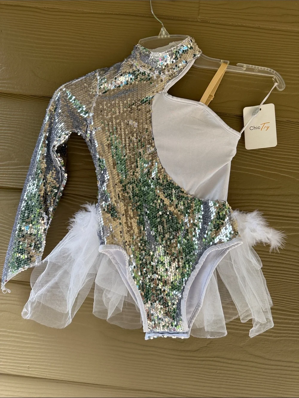 Chic Try Girls One-Shoulder Sequin White Tulle Feathers Dance Leotard Bodysuit 6